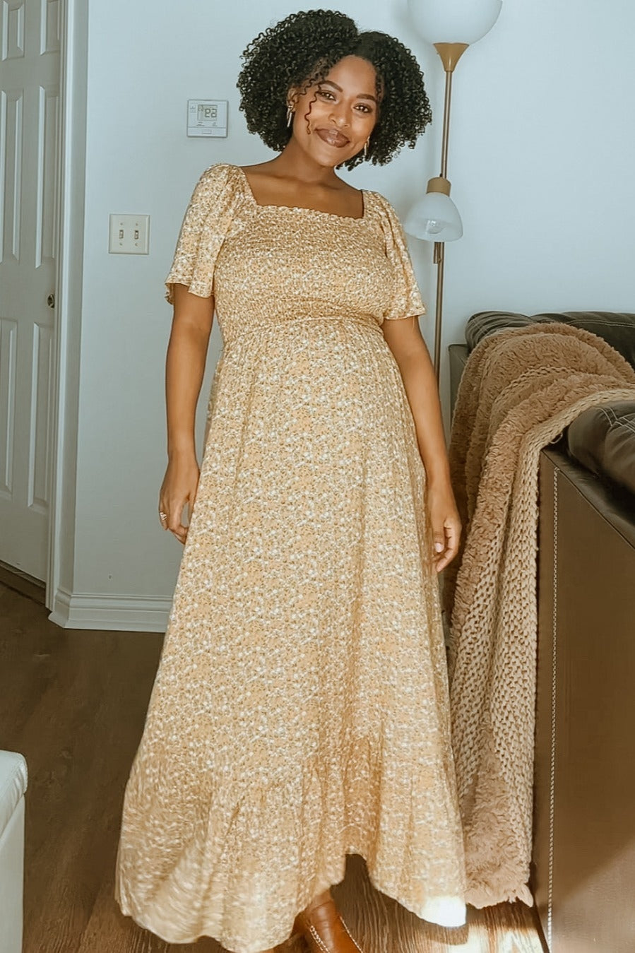 Mustard Floral Smocked Maternity Maxi Dress – PinkBlush