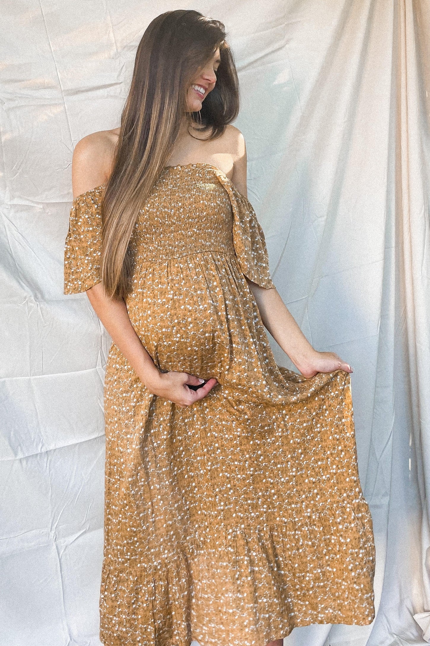 mustard yellow maternity dress Mustard Solid Scalloped Hem Maternity Dress PinkBlush