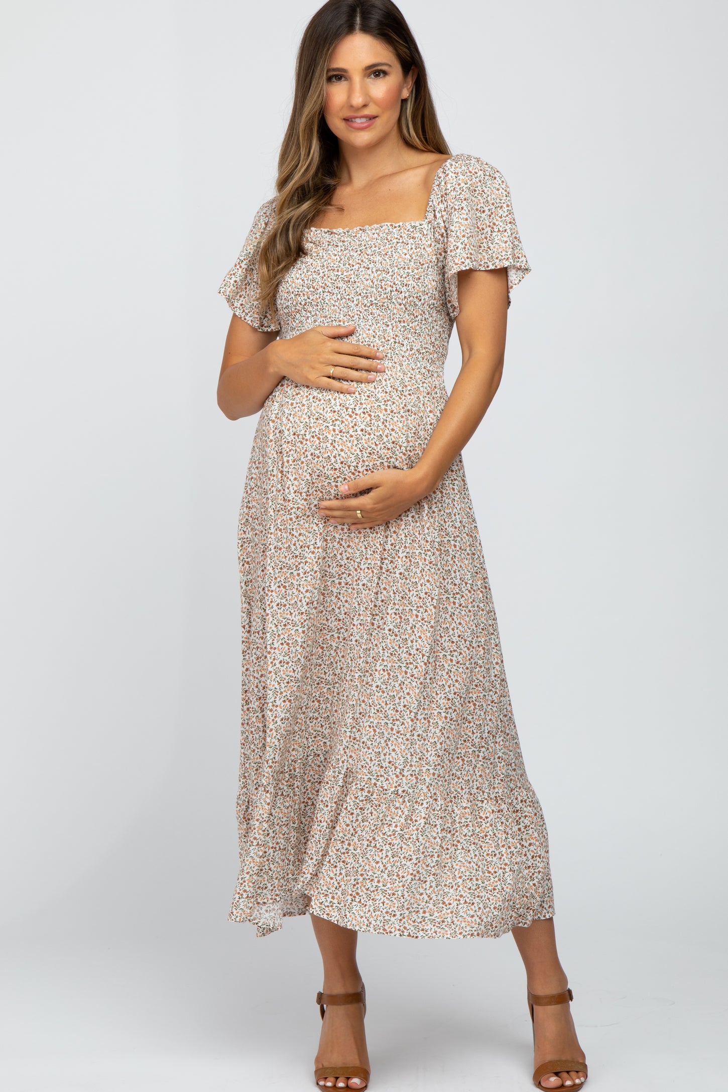 PinkBlush Ivory Floral Smocked Maternity Maxi Dress Medium PinkBlush Ivory Floral Smocked Maternity Maxi Dress Medium