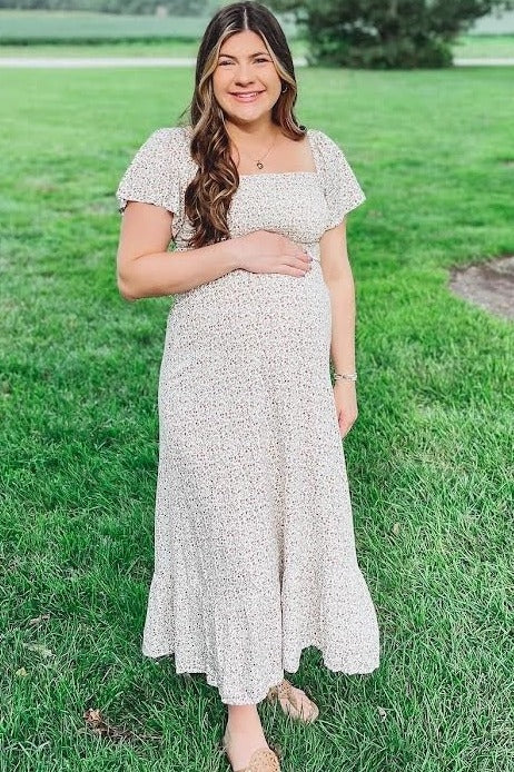 PinkBlush Ivory Floral Smocked Maternity Maxi Dress Medium PinkBlush Ivory Floral Smocked Maternity Maxi Dress Medium
