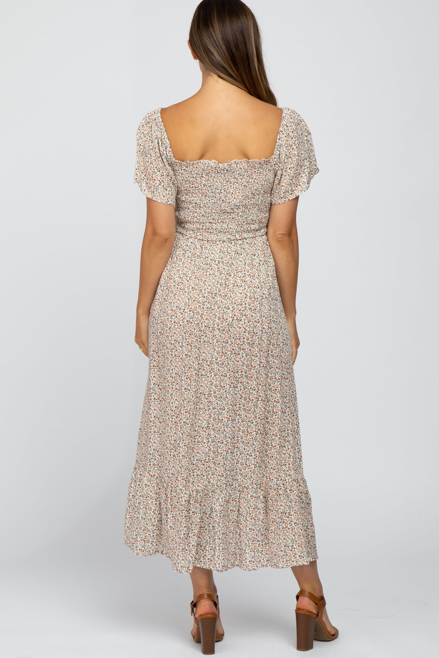 PinkBlush Ivory Floral Smocked Maternity Maxi Dress Medium