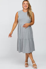 Heather Grey Ribbed Sleeveless Plus Maternity Midi Dress