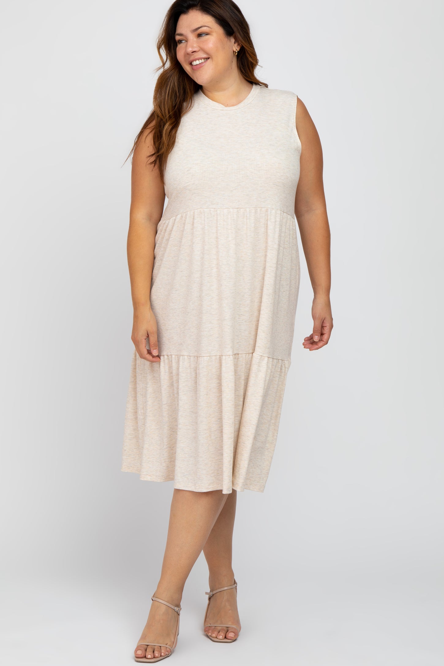 Beige Ribbed Sleeveless Plus Midi Dress PinkBlush Beige Ribbed Sleeveless Plus Midi Dress PinkBlush