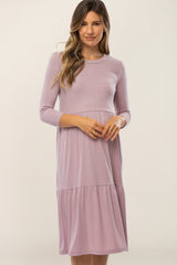 Lavender Tiered Ribbed 3/4 Sleeve Maternity Midi Dress