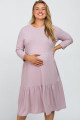Lavender Tiered Ribbed 3/4 Sleeve Plus Maternity Midi Dress