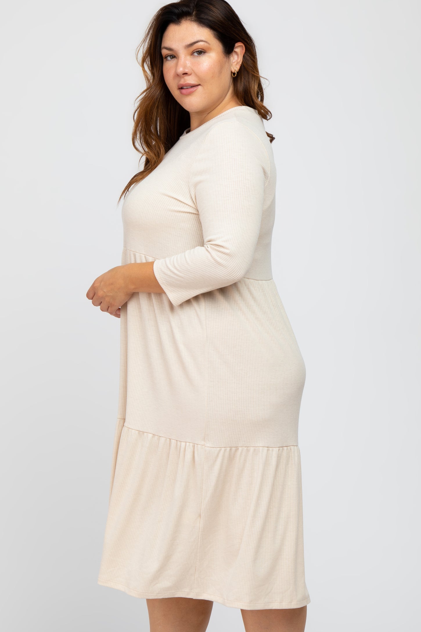 Beige Tiered Ribbed 3/4 Sleeve Plus Midi Dress PinkBlush Beige Tiered Ribbed 3/4 Sleeve Plus Midi Dress PinkBlush
