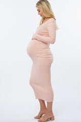 Pink V-Neck Long Sleeve Fitted Maternity Maxi Dress