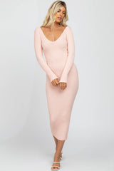 Pink V-Neck Long Sleeve Fitted Maternity Maxi Dress