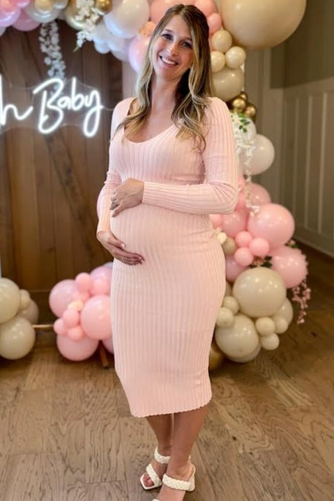 PinkBlush Pink V-Neck Long Sleeve Fitted Maternity Maxi Dress Large