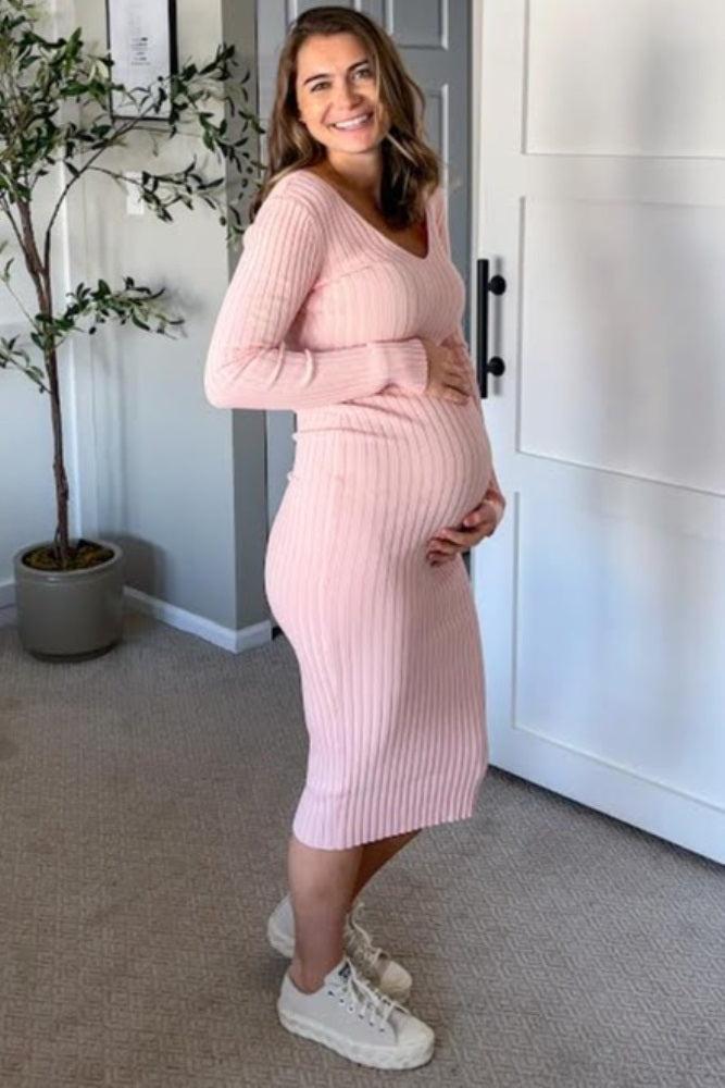 Pink V-Neck Long Sleeve Fitted Maternity Maxi Dress – PinkBlush