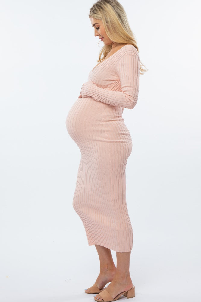 Pinkblush Pink V-Neck Long Sleeve Fitted Maternity Maxi Dress Large Pinkblush Pink V-Neck Long Sleeve Fitted Maternity Maxi Dress Large