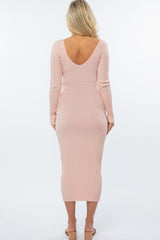 Pink V-Neck Long Sleeve Fitted Maternity Maxi Dress