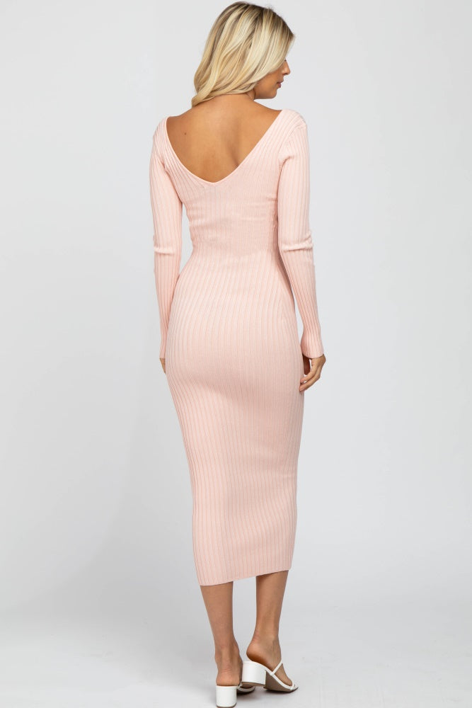 Pink V-Neck Long Sleeve Fitted Maxi Dress PinkBlush Pink V-Neck Long Sleeve Fitted Maxi Dress PinkBlush