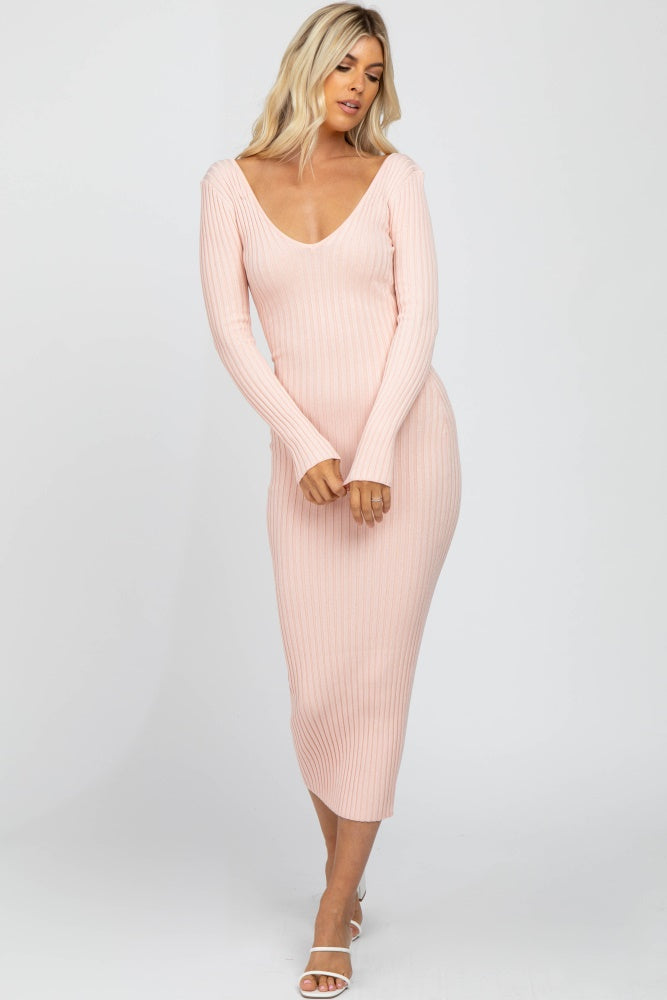 Pink V-Neck Long Sleeve Fitted Maternity Maxi Dress – PinkBlush