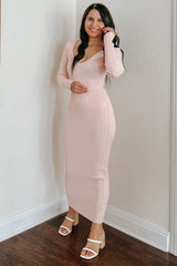 Pink V-Neck Long Sleeve Fitted Maternity Maxi Dress
