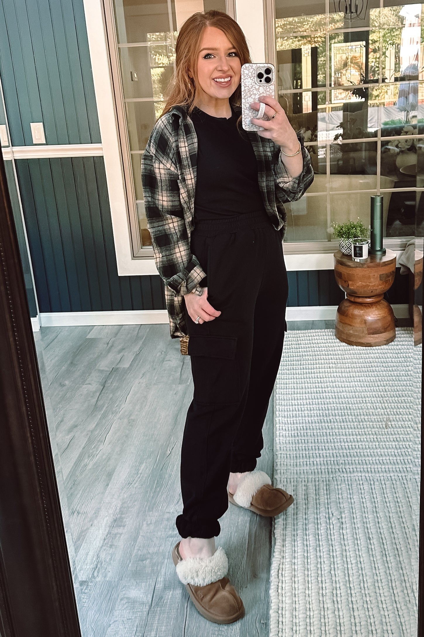 Taupe Black Plaid Button Down Top