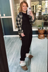 Taupe Black Plaid Button Down Top