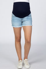 Light Blue Fringe Hem Maternity Denim Shorts