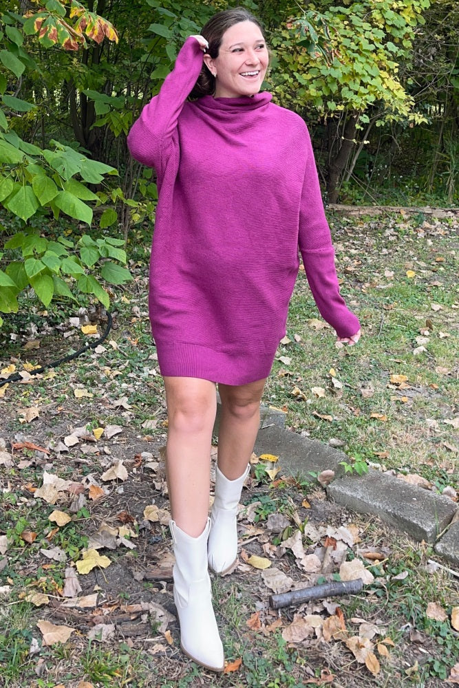 Taupe Funnel Neck Dolman Sleeve Mini Dress