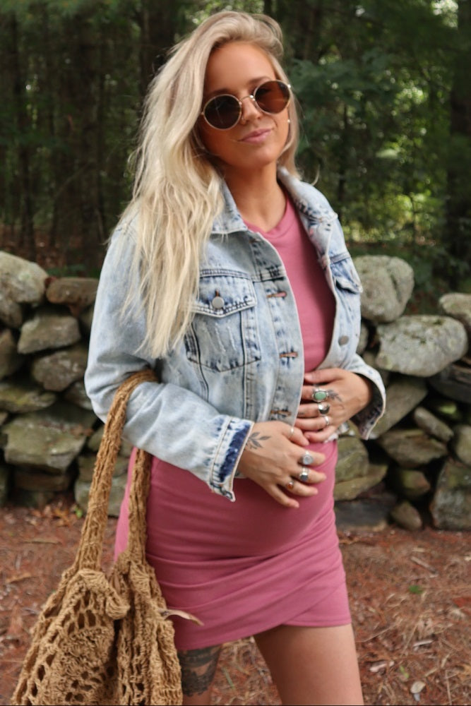 Light Blue Distressed Cropped Maternity Denim Jacket