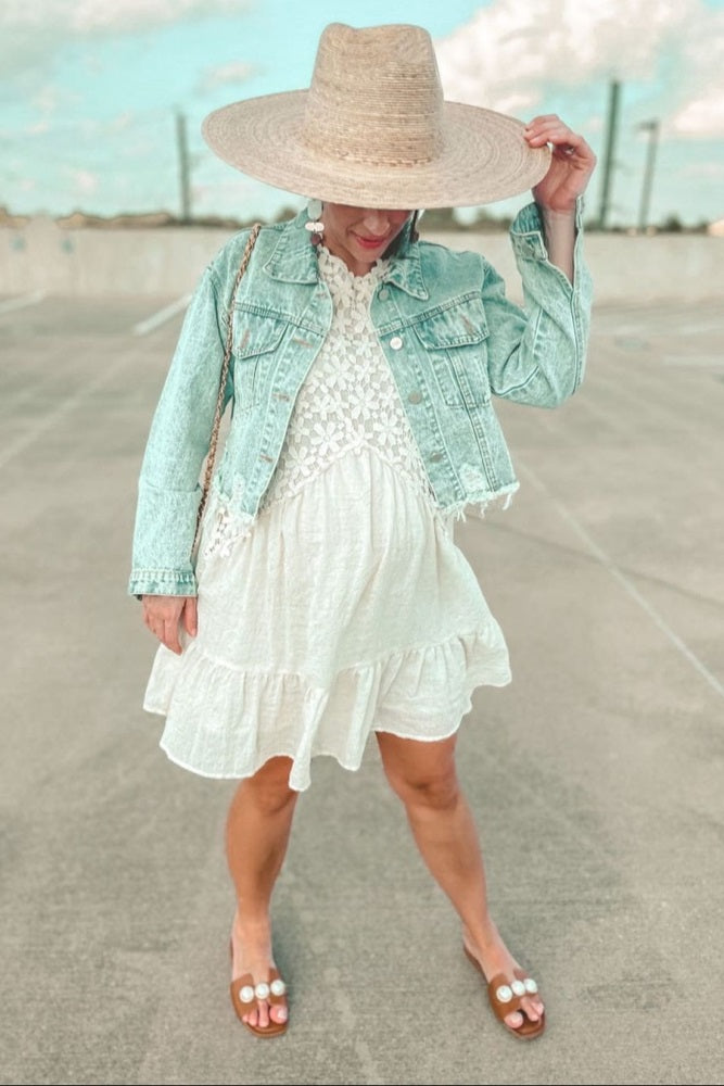 Light Blue Distressed Cropped Maternity Denim Jacket