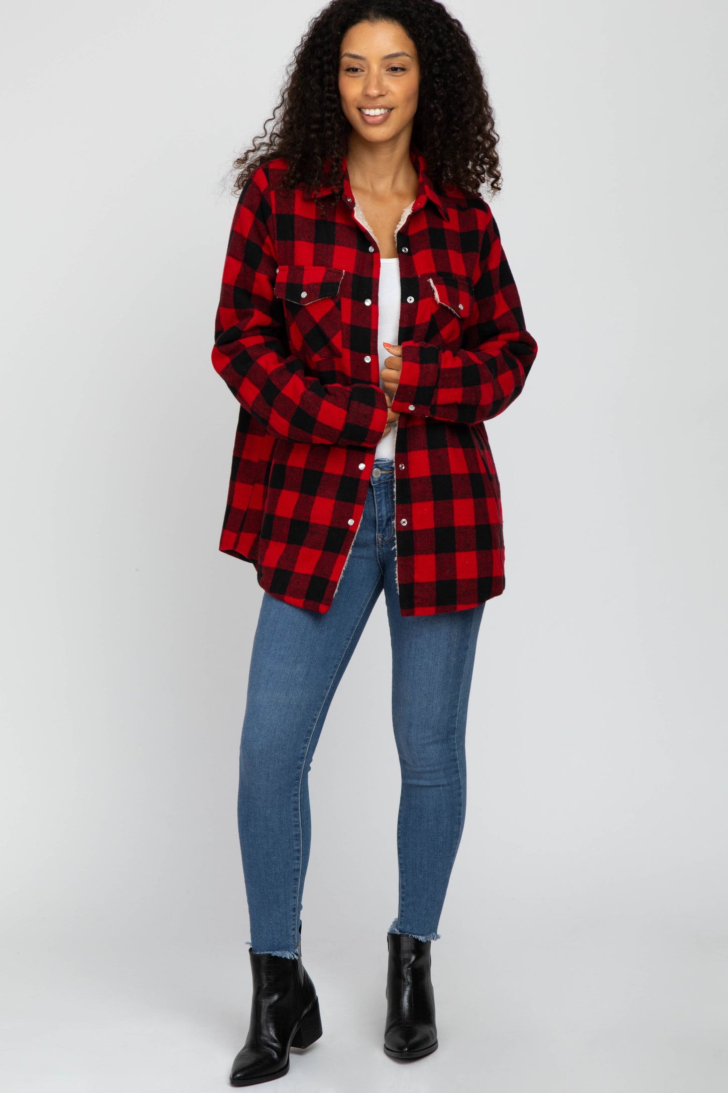 Red Black Plaid Sherpa Lined Jacket