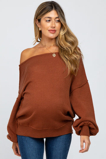 Camel Boat Neck Bubble Sleeve Maternity Sweater
