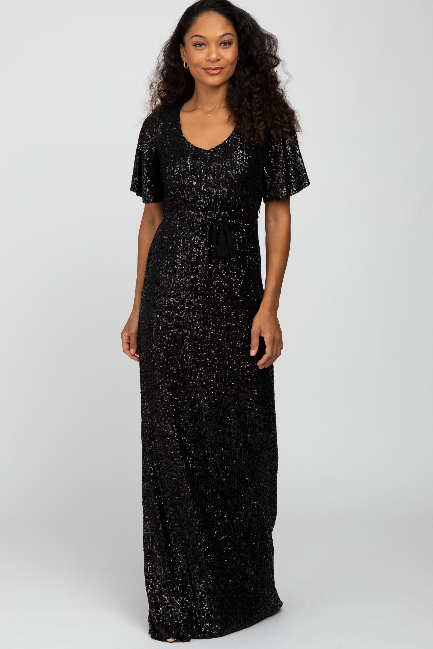 Black Sequin Short Sleeve Maternity Maxi Dress PinkBlush Black Sequin Short Sleeve Maternity Maxi Dress PinkBlush