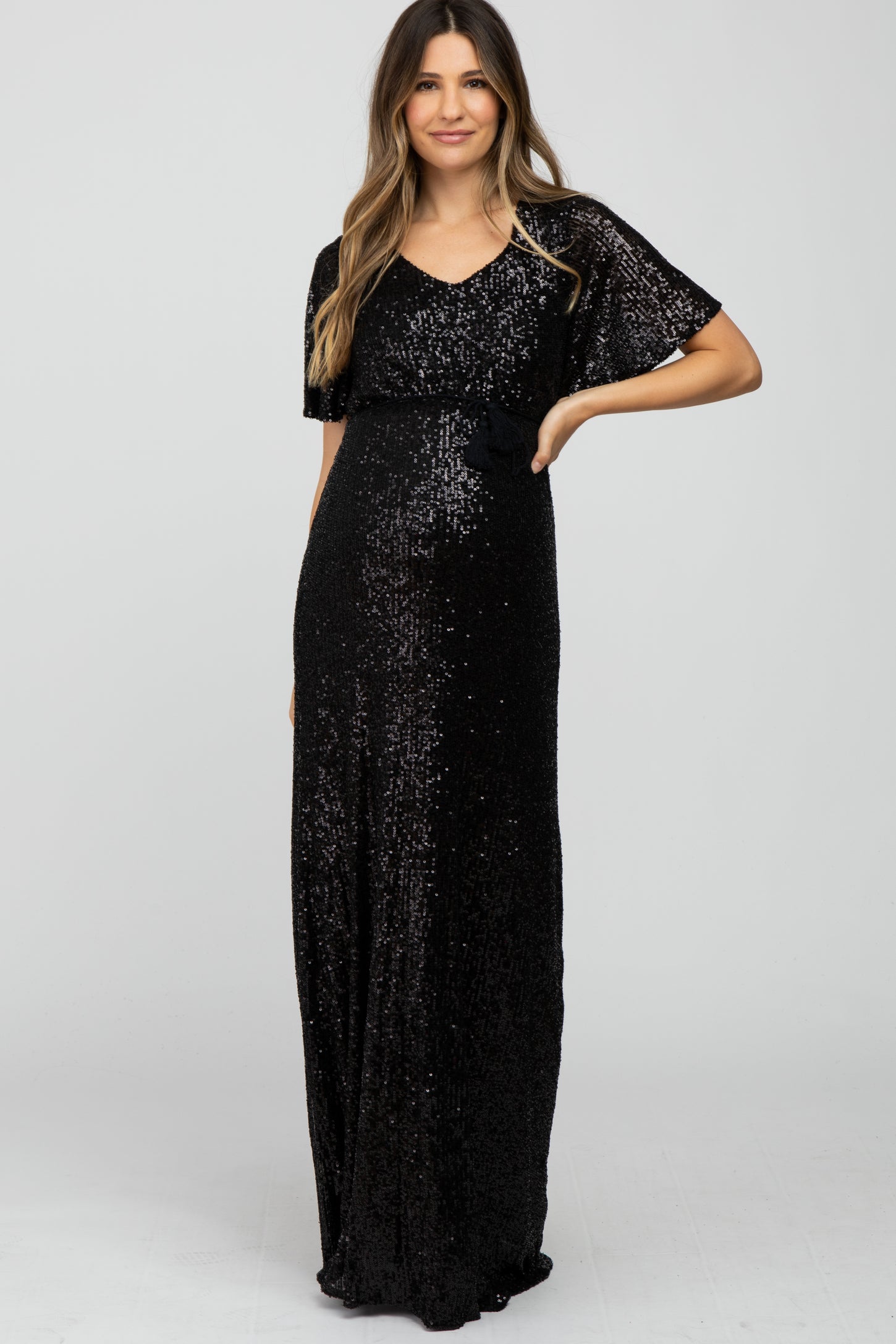 Black Sequin Short Sleeve Maternity Maxi Dress Black Sequin Short Sleeve Maternity Maxi Dress
