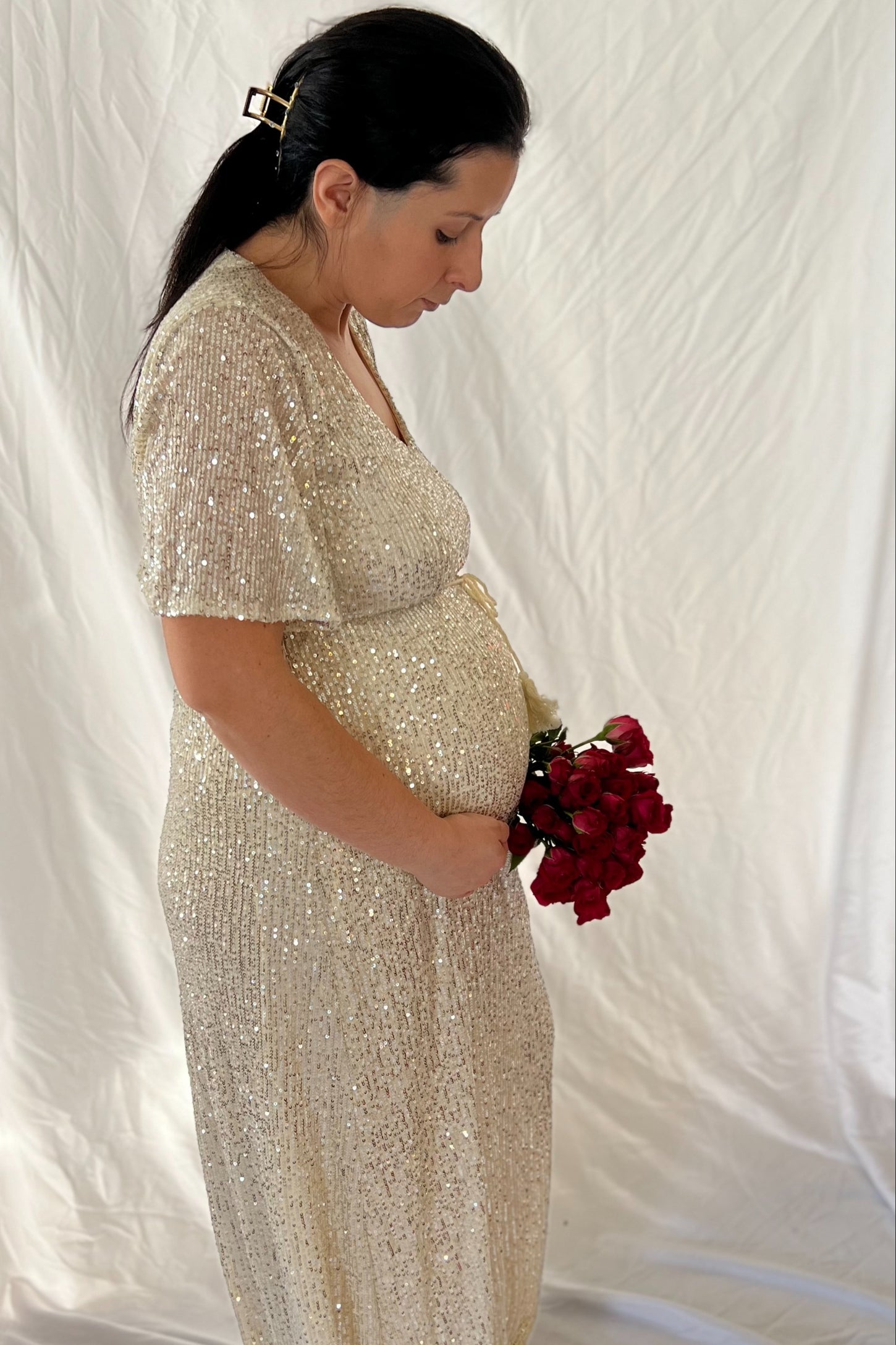 Cream Sequin Short Sleeve Maternity Maxi Dress PinkBlush Cream Sequin Short Sleeve Maternity Maxi Dress PinkBlush