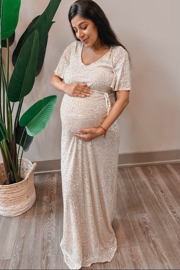 white christmas dresses Cream Sequin Short Sleeve Maternity Maxi Dress Large