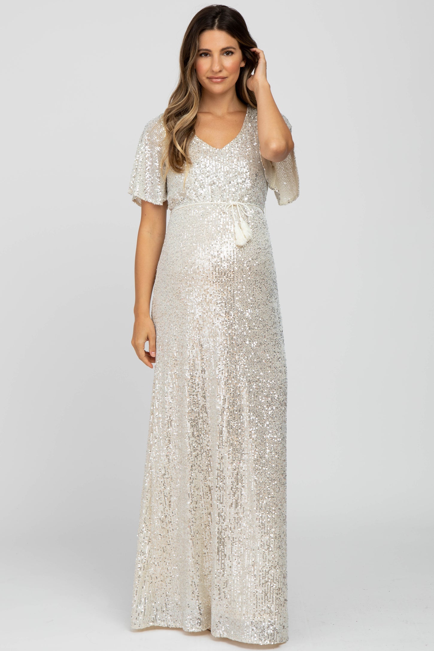 Cream Sequin Short Sleeve Maternity Maxi Dress PinkBlush Cream Sequin Short Sleeve Maternity Maxi Dress PinkBlush