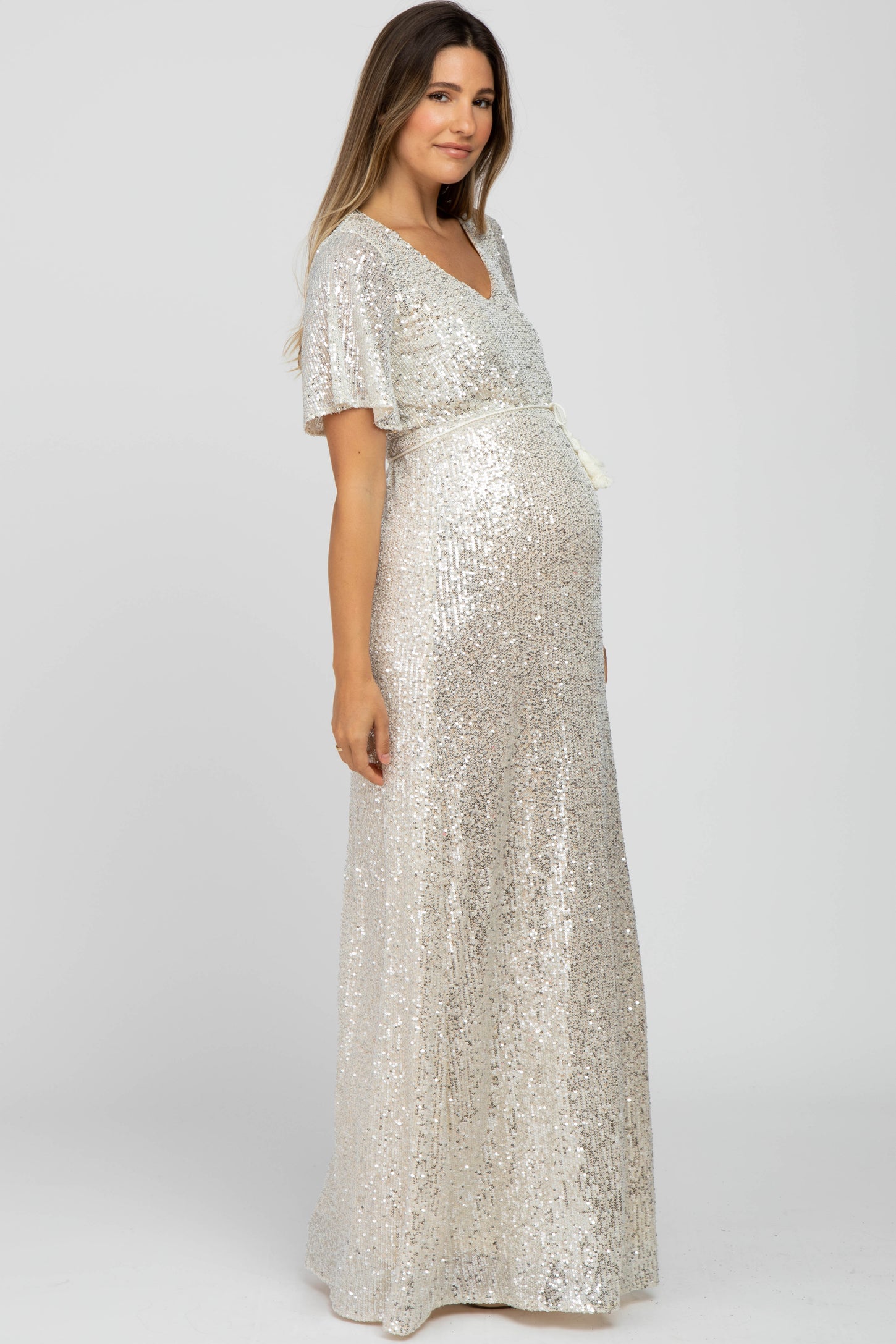 Cream Sequin Short Sleeve Maternity Maxi Dress PinkBlush Cream Sequin Short Sleeve Maternity Maxi Dress PinkBlush