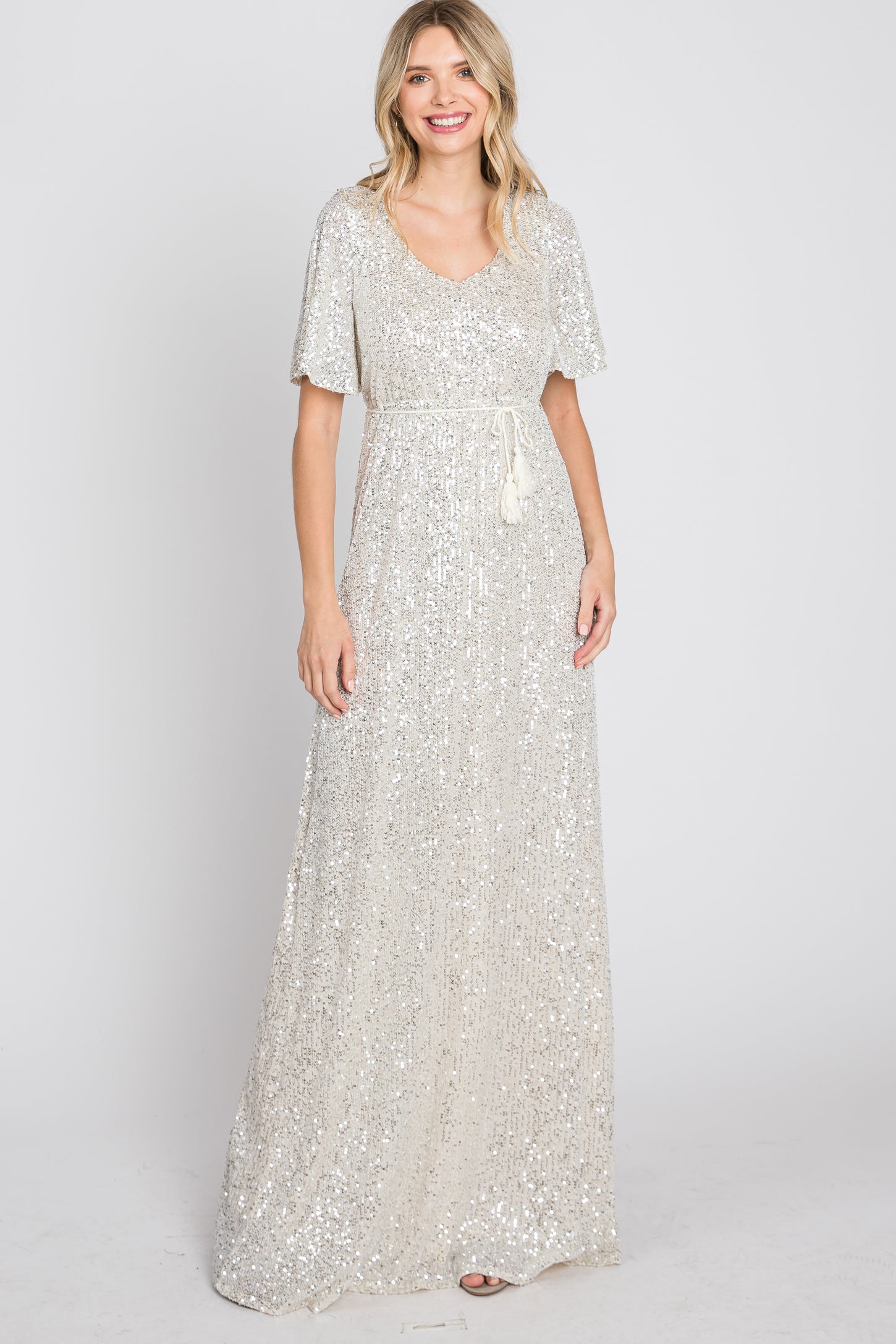 Cream Sequin Short Sleeve Maternity Maxi Dress PinkBlush Cream Sequin Short Sleeve Maternity Maxi Dress PinkBlush