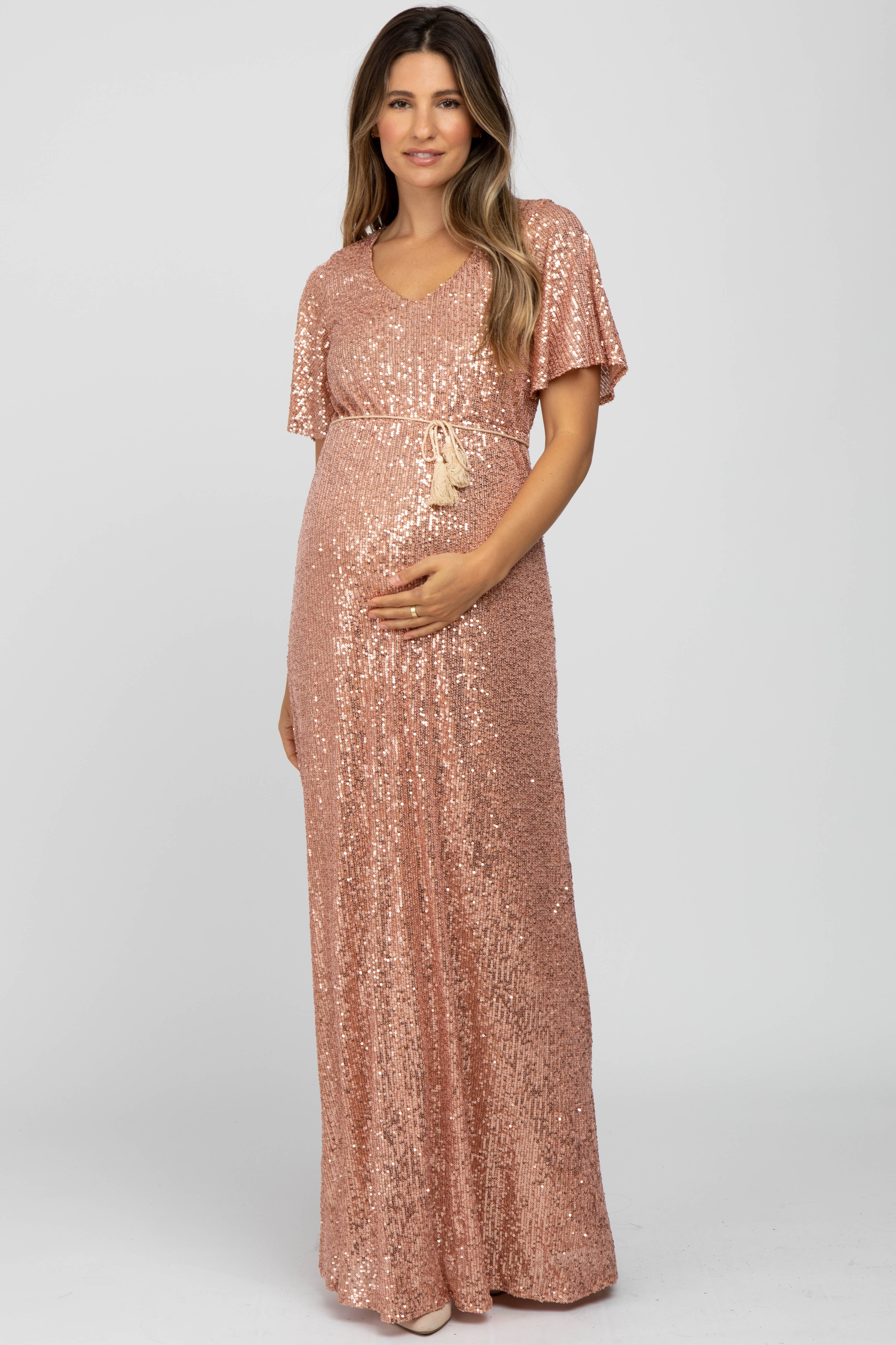 Pink Sequin Short Sleeve Maternity Maxi Dress Pink Sequin Short Sleeve Maternity Maxi Dress