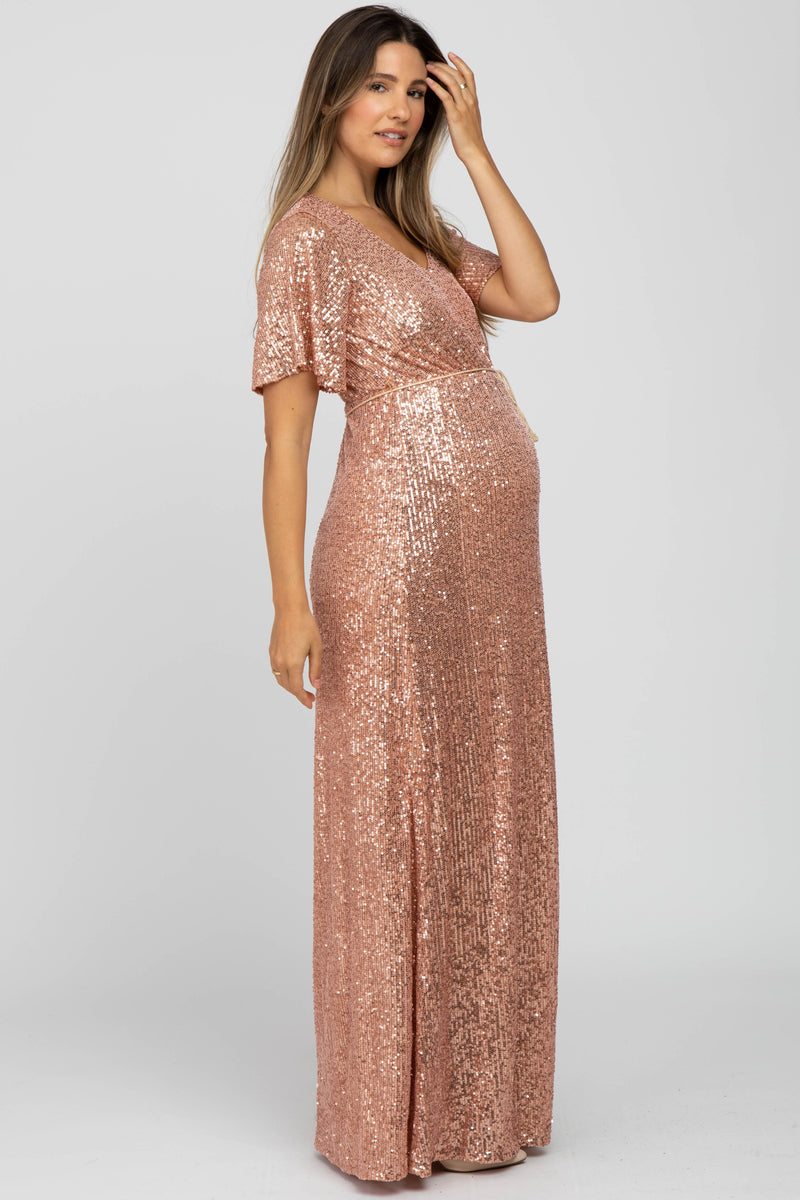 gold glitter maternity dress Gold Sequin Long Sleeve Wrap Maternity Maxi Dress – PinkBlush