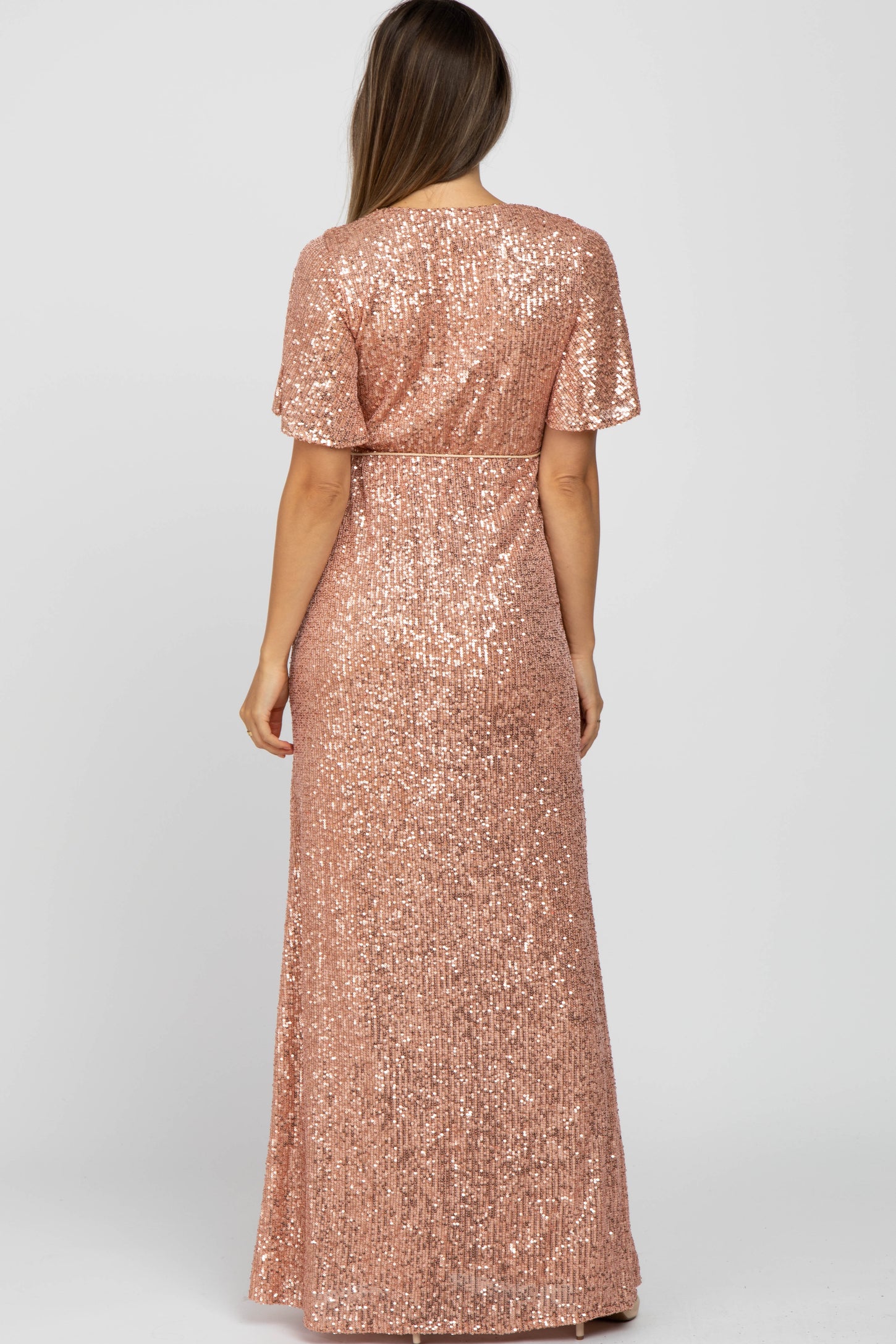 Pink Sequin Short Sleeve Maternity Maxi Dress Pink Sequin Short Sleeve Maternity Maxi Dress