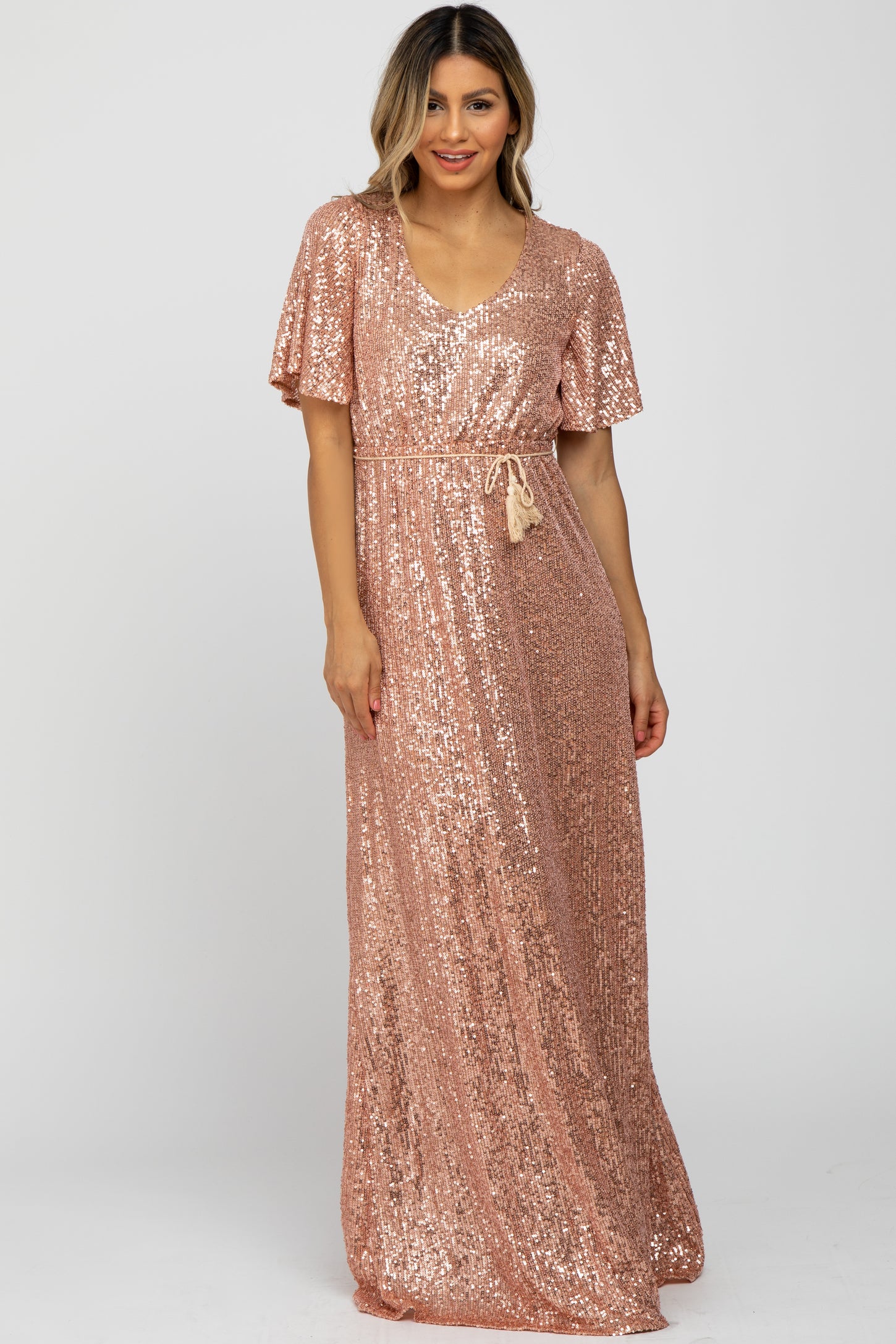 Pink Sequin Short Sleeve Maternity Maxi Dress Pink Sequin Short Sleeve Maternity Maxi Dress