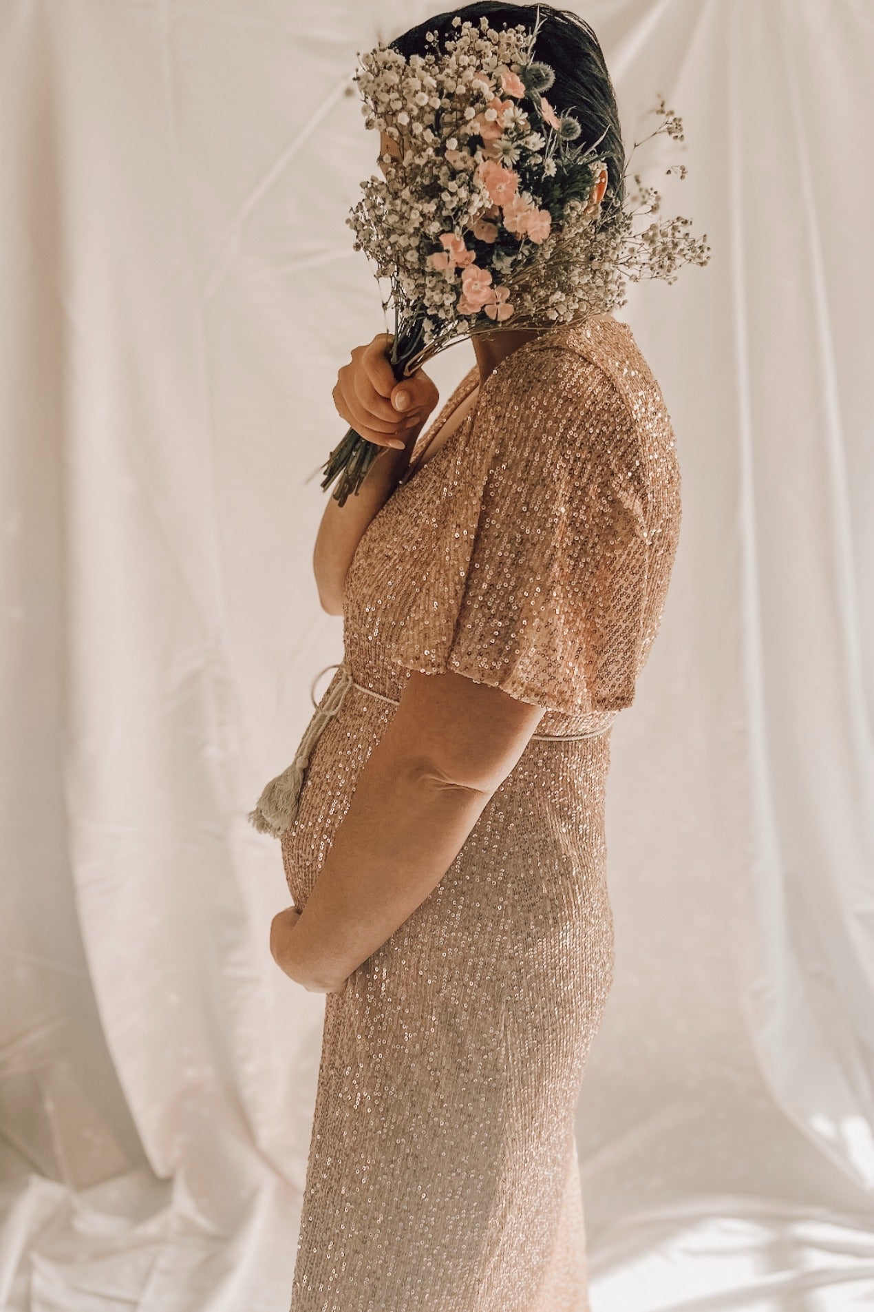 Pink Sequin Short Sleeve Maternity Maxi Dress