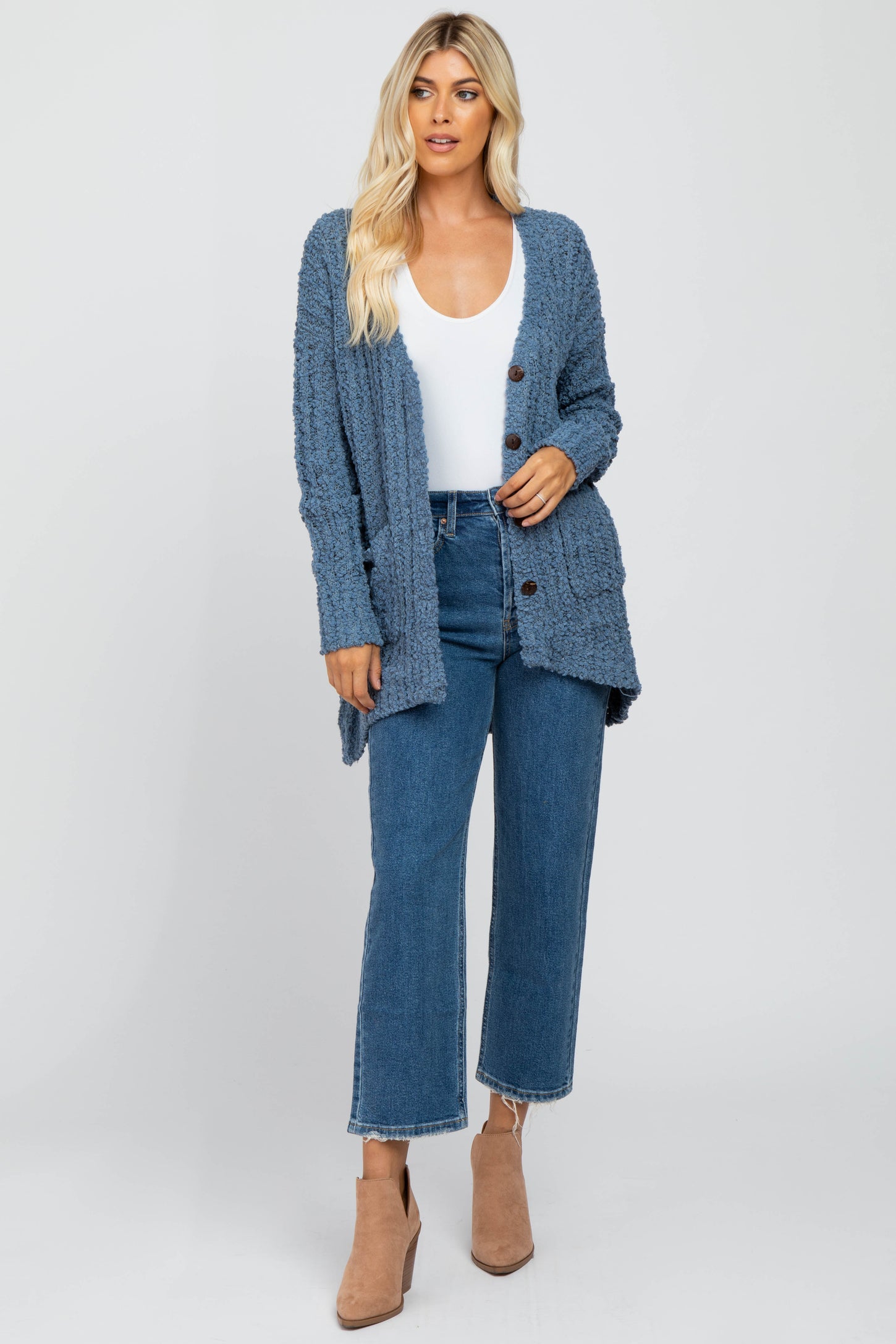 Blue Popcorn Knit Hi-Low Cardigan