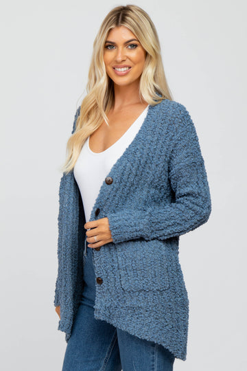 Blue Popcorn Knit Hi-Low Cardigan