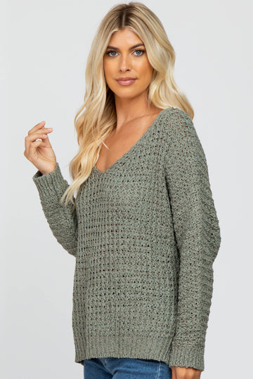 Olive V-Neck Side Slit Thick Knit Sweater