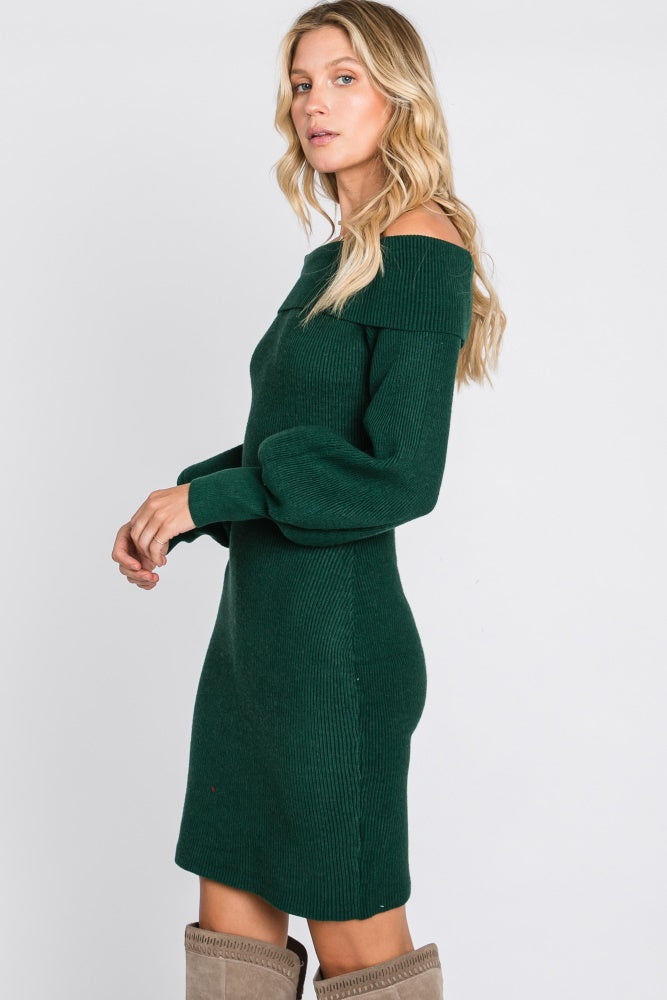 Forest Green Off Shoulder Bubble Sleeve Sweater Dress PinkBlush Forest Green Off Shoulder Bubble Sleeve Sweater Dress PinkBlush