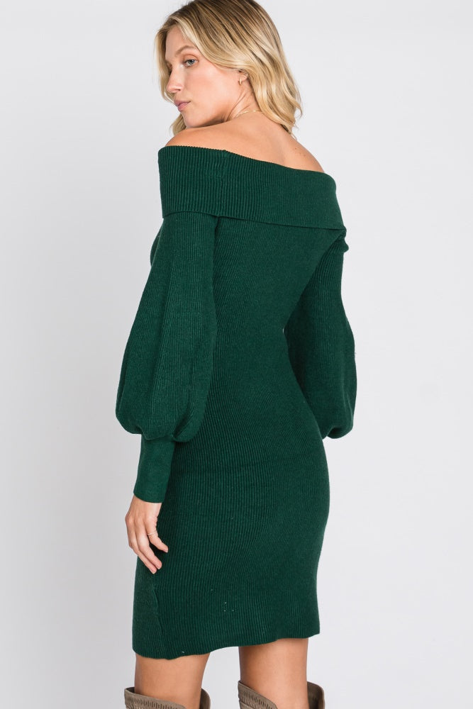 Forest Green Off Shoulder Bubble Sleeve Sweater Dress PinkBlush Forest Green Off Shoulder Bubble Sleeve Sweater Dress PinkBlush