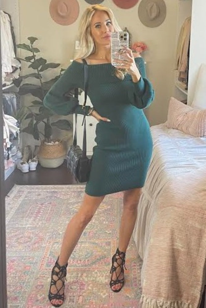 Forest Green Off Shoulder Bubble Sleeve Maternity Sweater Dress Large