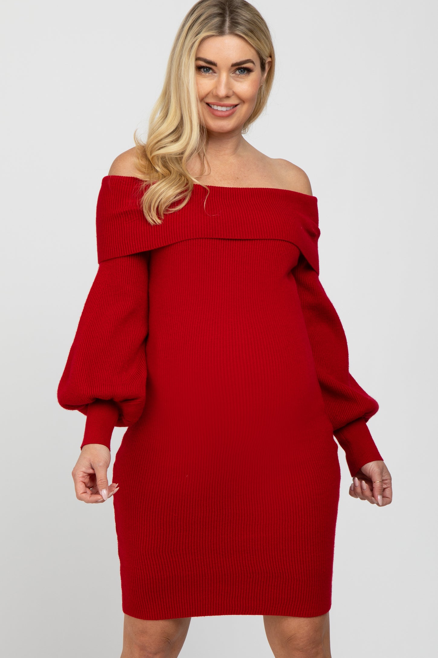 Red Off Shoulder Bubble Sleeve Maternity Sweater Dress – PinkBlush Red Off Shoulder Bubble Sleeve Maternity Sweater Dress – PinkBlush