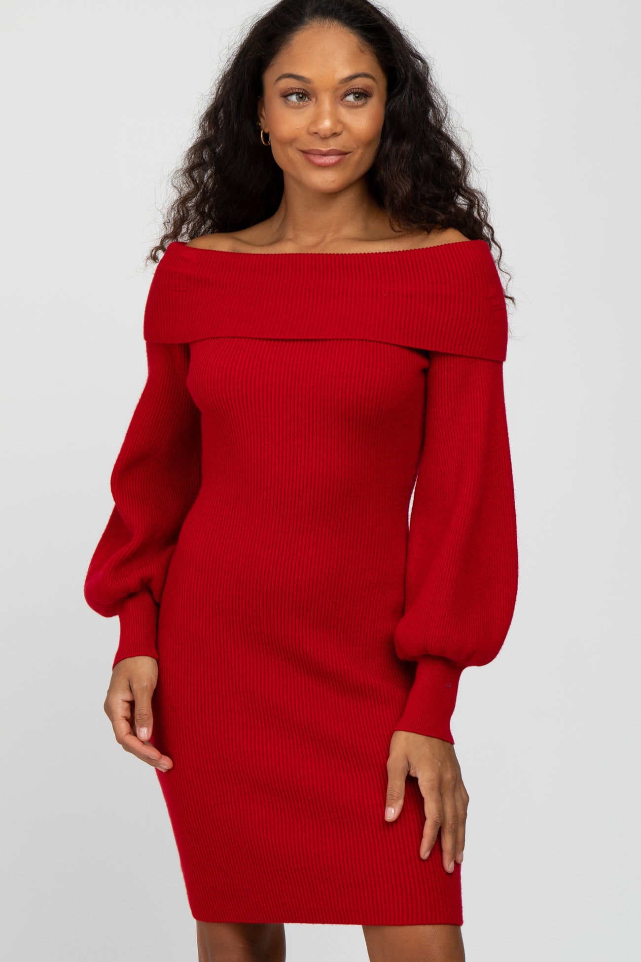 red off the shoulder sweater dress Ella Rafaella Plus Womens Ribbed Tea Length Sweaterdress, Ruby shoulder fold Red Off Shoulder Bubble Sleeve