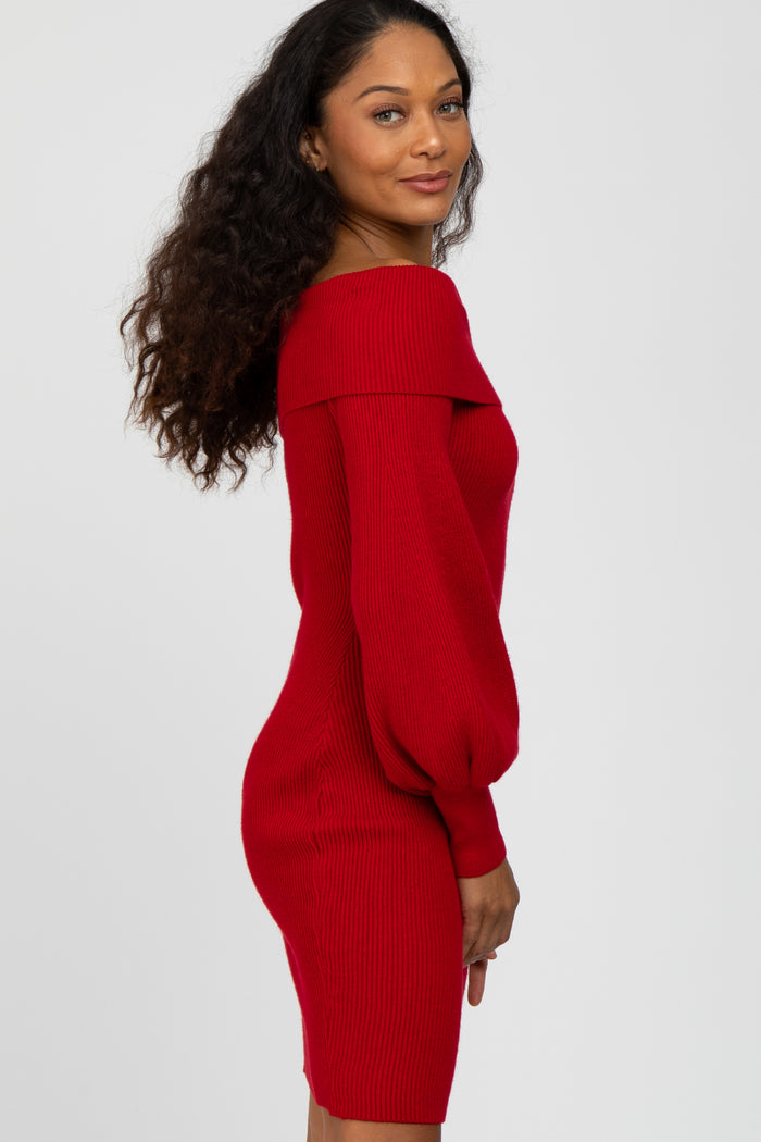 Red Off Shoulder Bubble Sleeve Sweater Dress