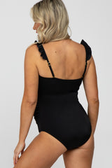 Black Ribbed Square Neck Ruffle Strap One Piece Maternity Swimsuit