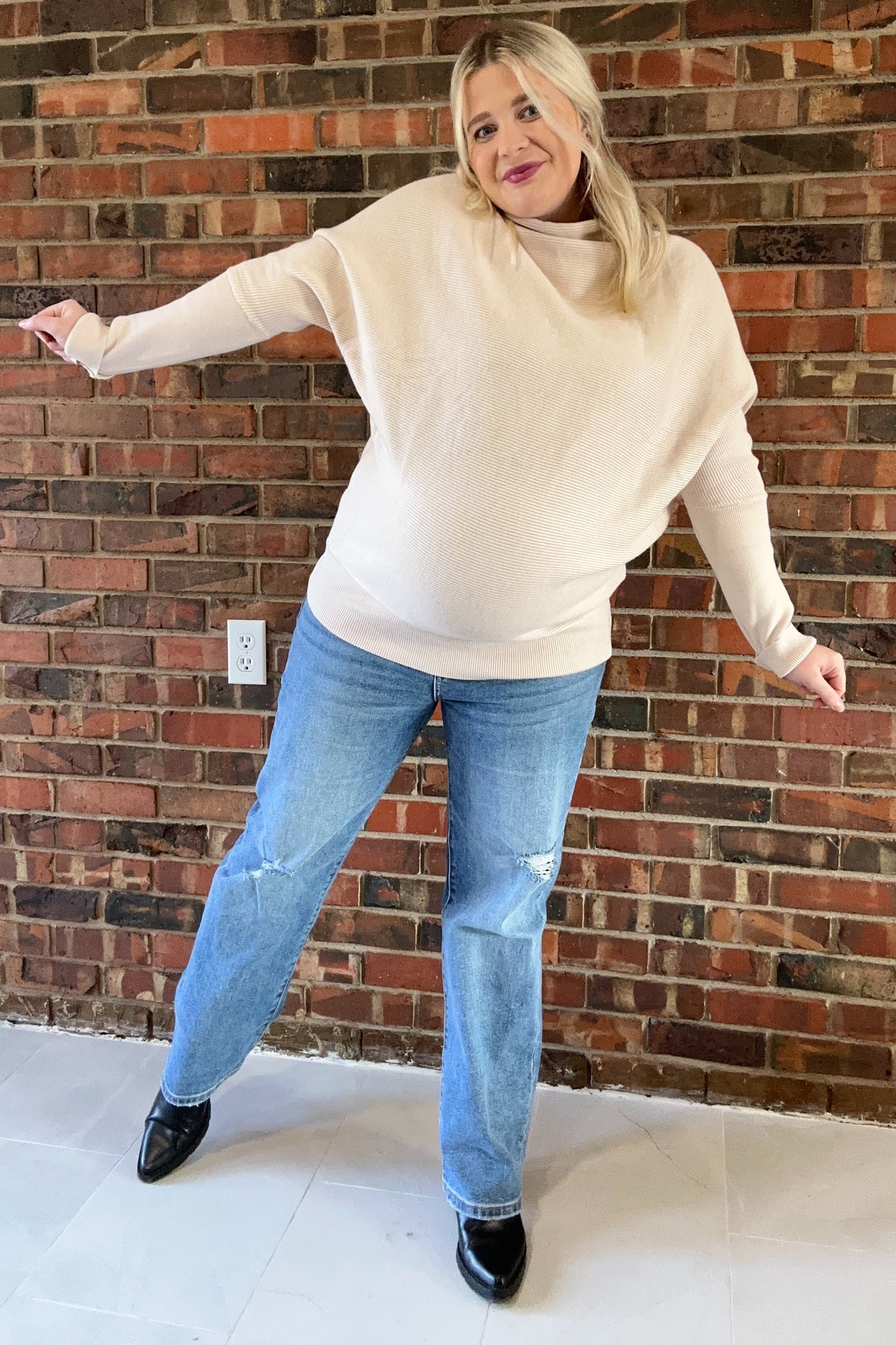 Beige Funnel Neck Dolman Sleeve Maternity Sweater